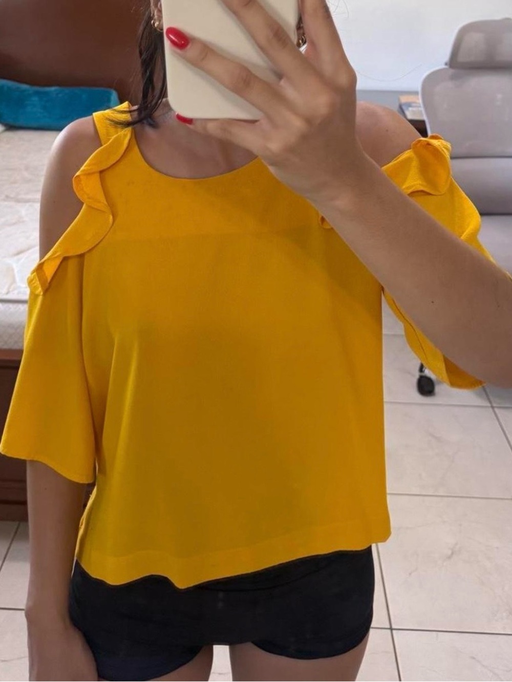 Forever 21 Mustard Yellow Cold-Shoulder Ruffle Top